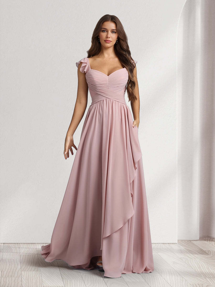 A Line Princess V Neck Spaghetti Straps Sleeveless Floor Length Bridesmaid Dresses With Ruffles Pleats