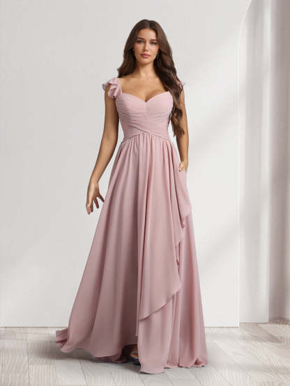 A Line Princess V Neck Spaghetti Straps Sleeveless Floor Length Bridesmaid Dresses With Ruffles Pleats