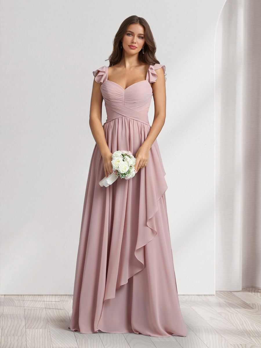 A Line Princess V Neck Spaghetti Straps Sleeveless Floor Length Bridesmaid Dresses With Ruffles Pleats