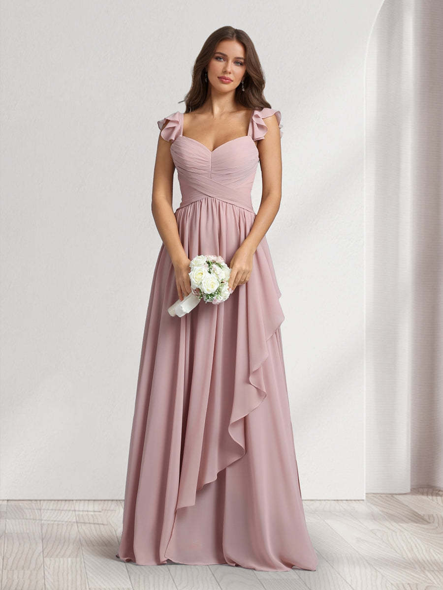 A Line Princess V Neck Spaghetti Straps Sleeveless Floor Length Bridesmaid Dresses With Ruffles Pleats