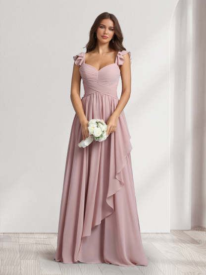 A Line Princess V Neck Spaghetti Straps Sleeveless Floor Length Bridesmaid Dresses With Ruffles Pleats