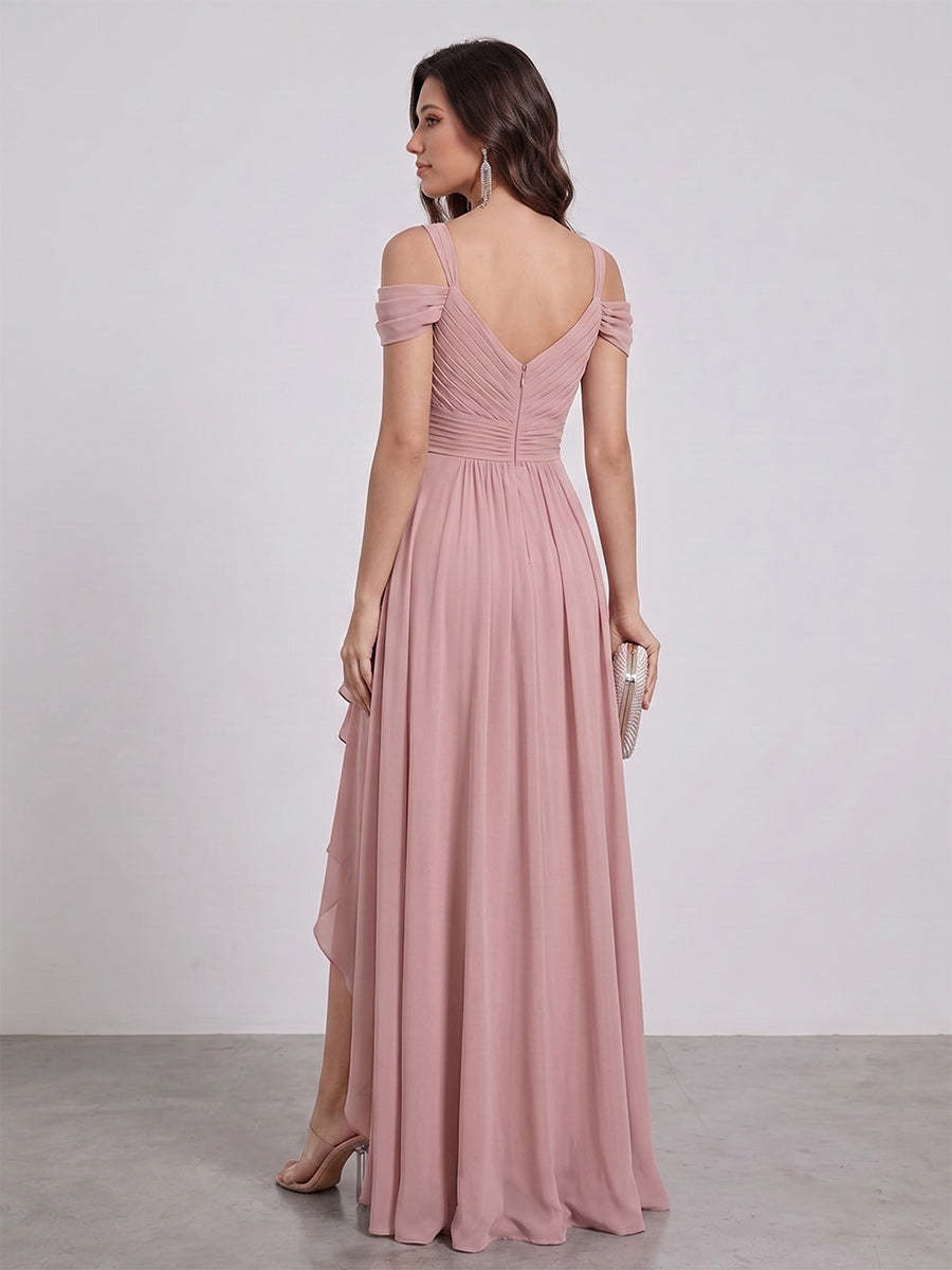 A Line Princess V Neck Split Side Floor Length Chiffon Bridesmaid Dresses With Ruffles