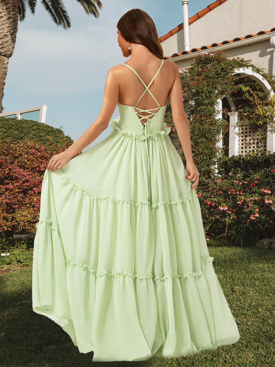A Line Princess V Neck Straps Floor Length Long Ruffle Bridesmaid Dresses