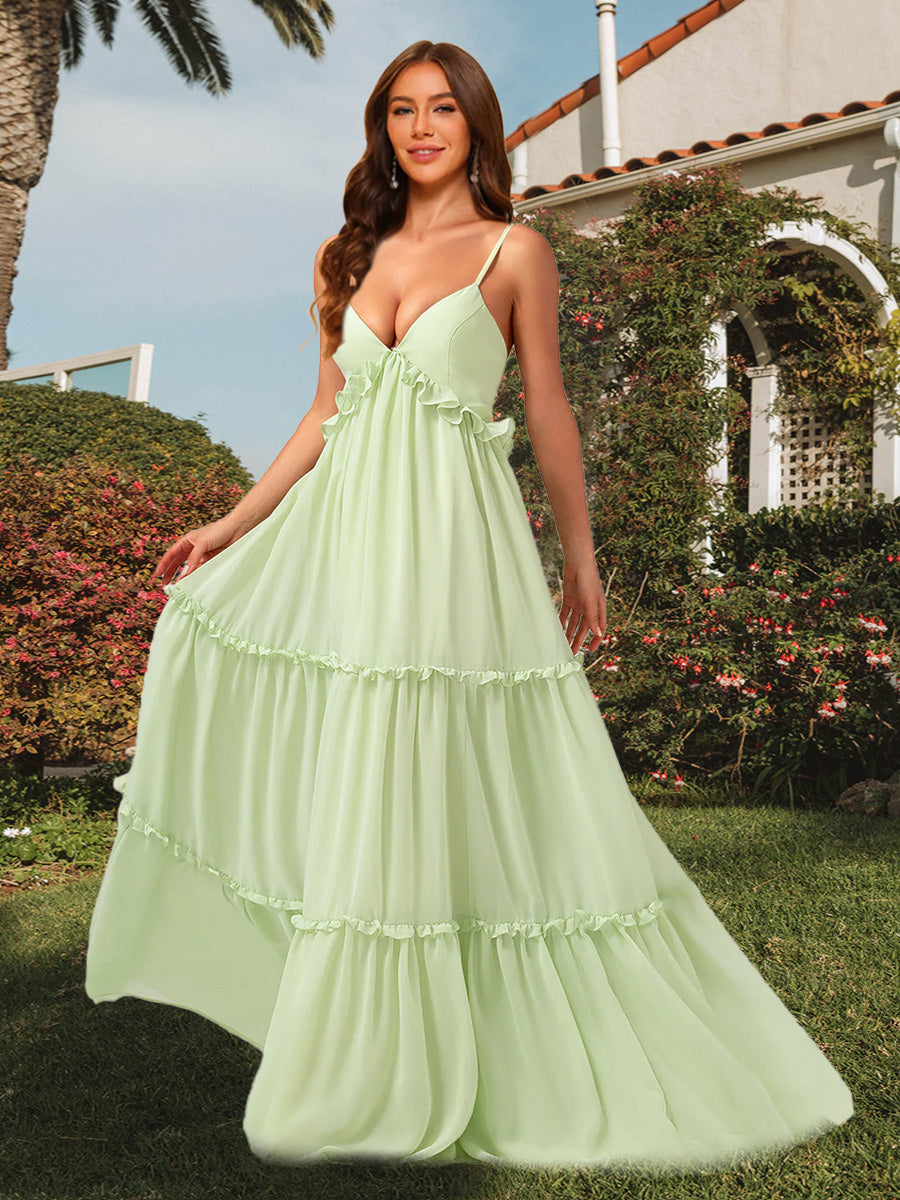 A Line Princess V Neck Straps Floor Length Long Ruffle Bridesmaid Dresses