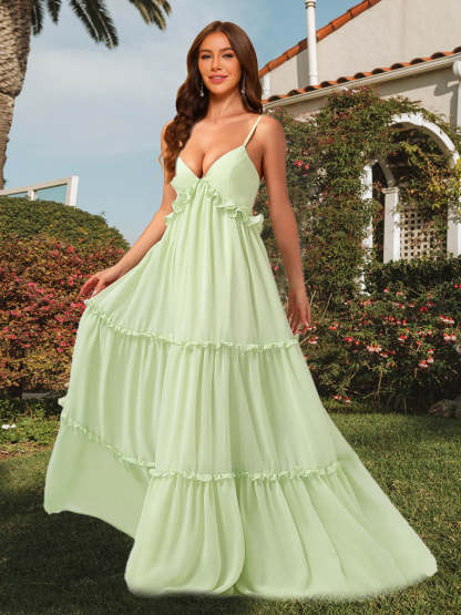 A Line Princess V Neck Straps Floor Length Long Ruffle Bridesmaid Dresses