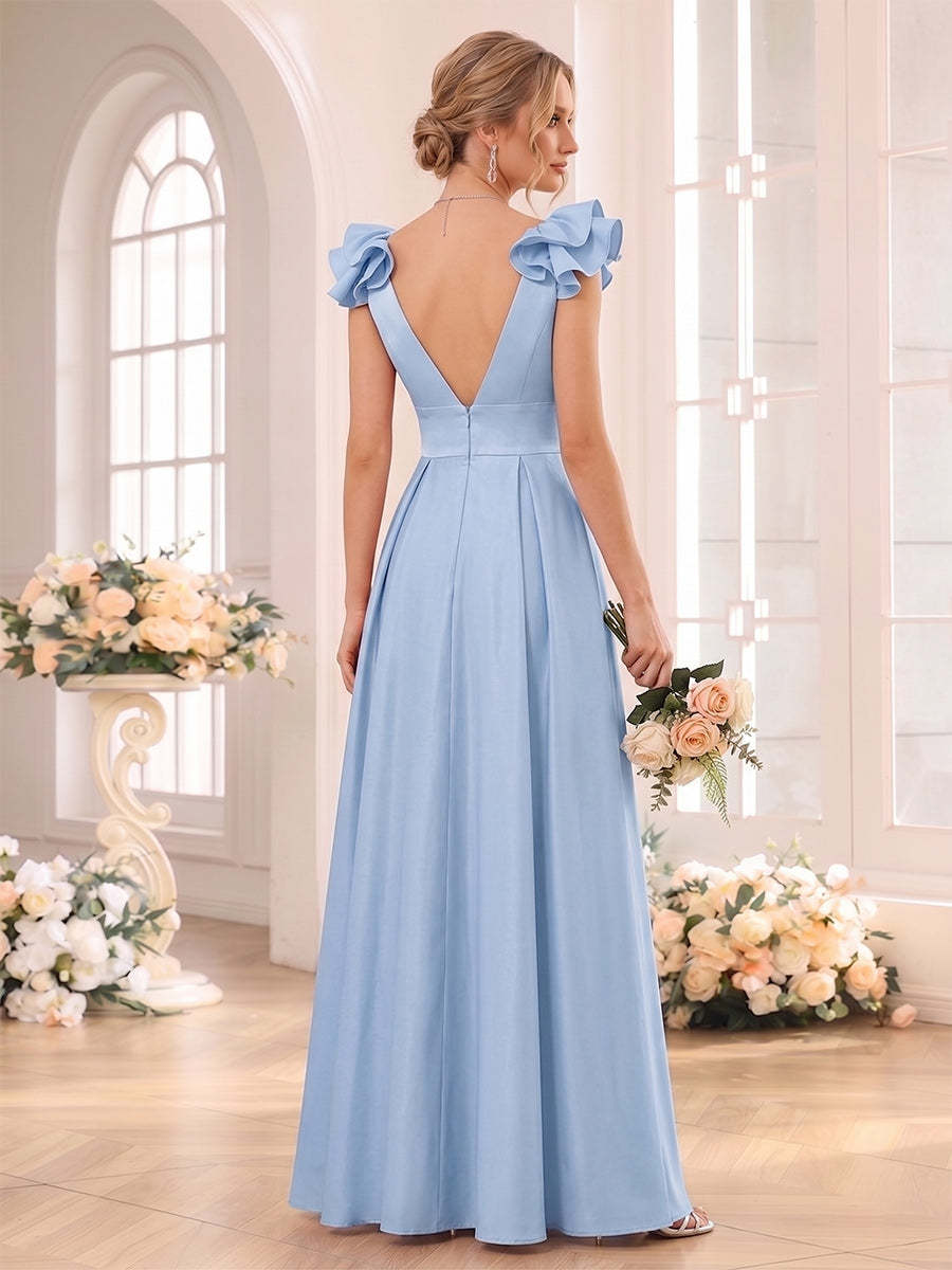 A Line Princess V neck Sleeveless Floor Length Bridesmaid Dresses with Ruched Ruffles