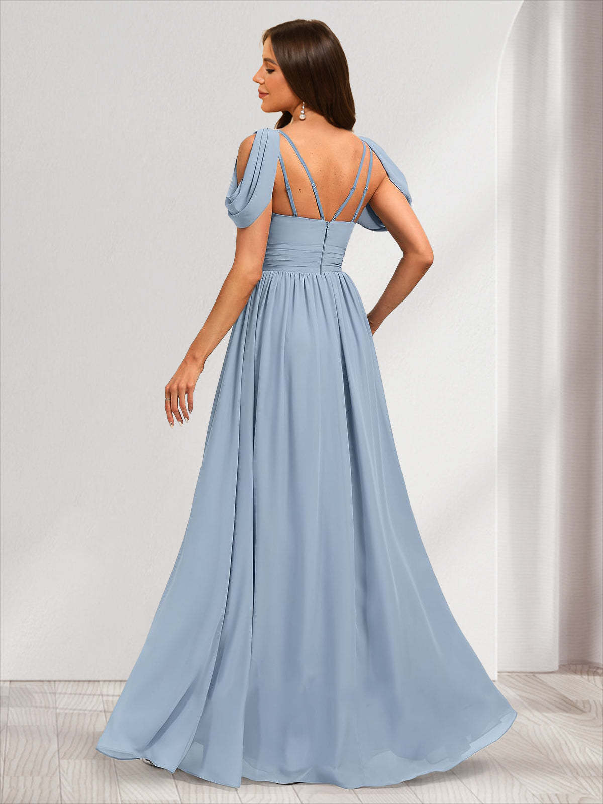A line V Neck Ruched Bridesmaid Dresses with Split Side