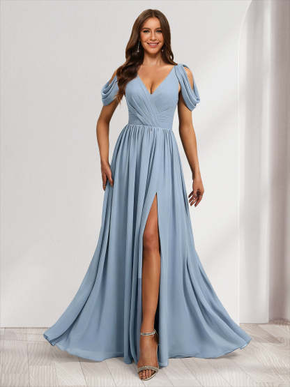 A line V Neck Ruched Bridesmaid Dresses with Split Side