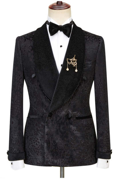 Alex Trendy Black Shawl Lapel Double Breasted Sparkling Pattern Wedding Suits