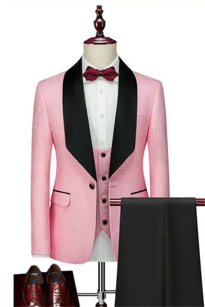 Pink Shawl Lapel Three-Piece Slim Wedding Suit