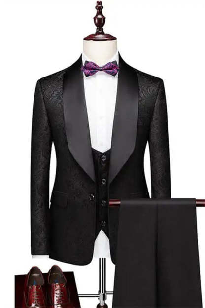 Classic Black Shawl Lapel Three-Piece Wedding Suit