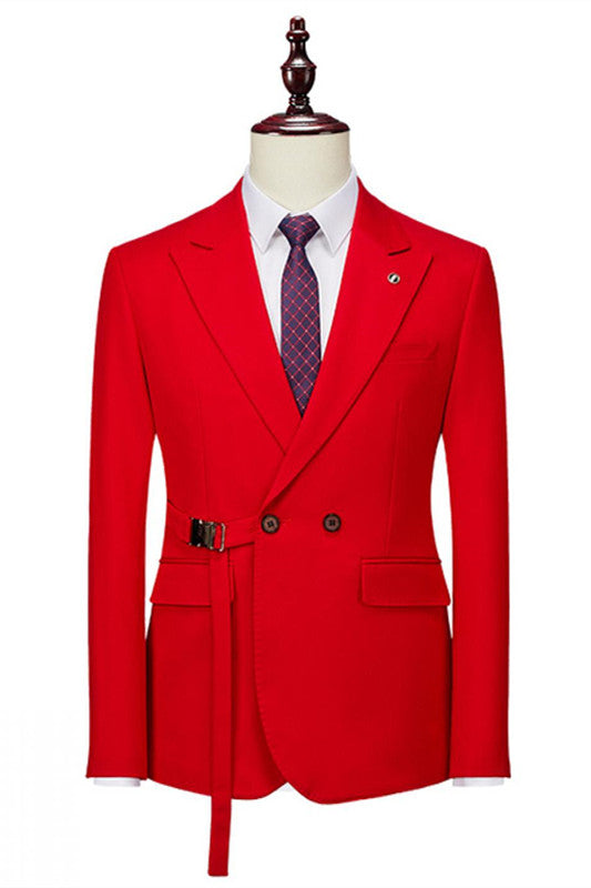 Chic Crimson Double Breasted Peaked Lapel Men's Prom Attire