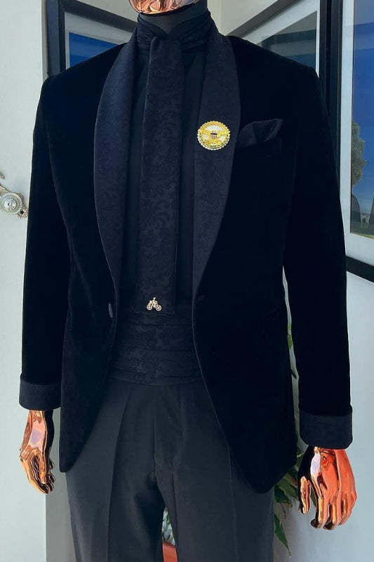 Chic Black Shawl Collar Two-Piece Velvet Wedding Ensemble For Men