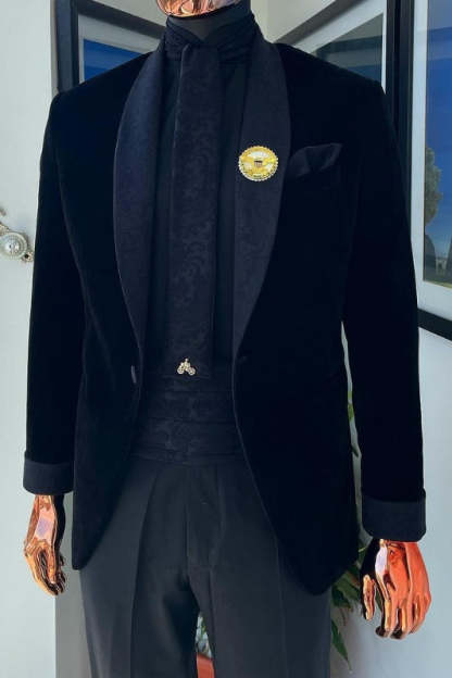 Chic Black Shawl Collar Two-Piece Velvet Wedding Ensemble For Men