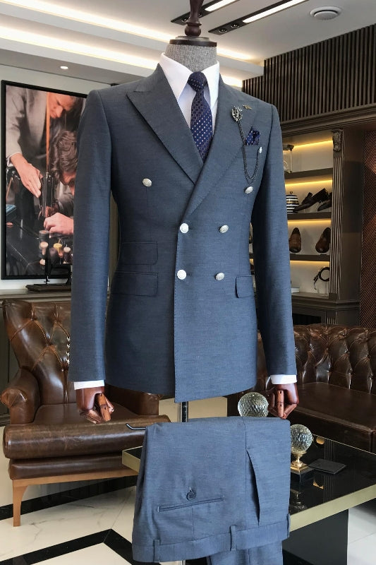 Formal Gray Peak Lapel Double-Breasted Business Attire