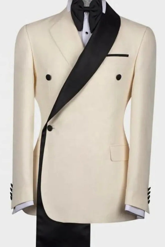 Beige Shawl Collar Two-Piece Slim Fit Groom's Wedding Ensemble