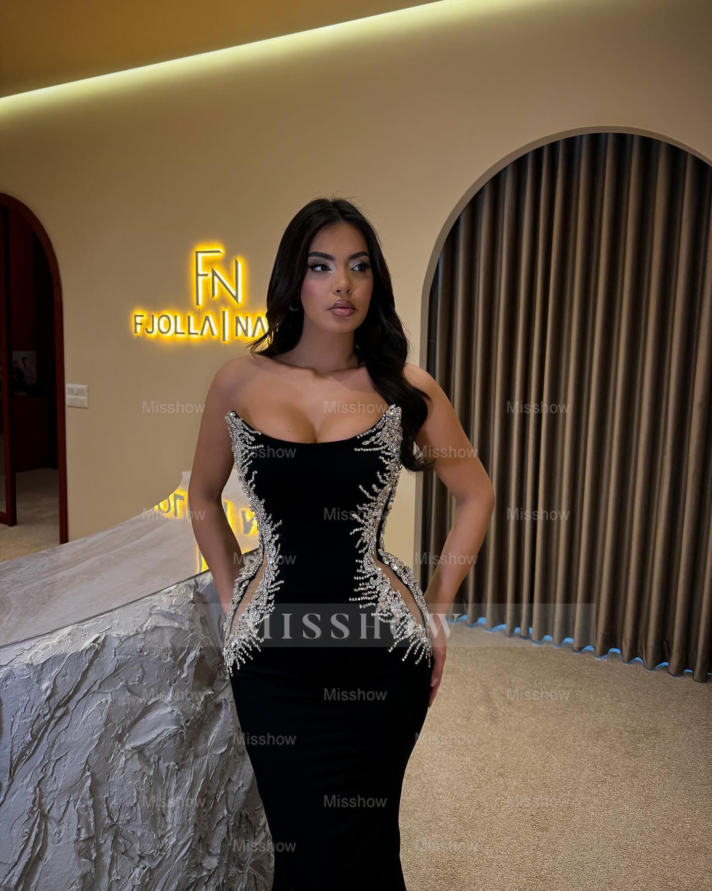Amazing Black Mermaid Strapless Beaded Sleeveless Satin Formal Dress With Rhinestones
