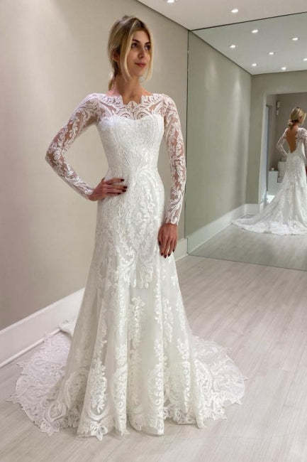 Amazing Column Lace Long Sleeve White Wedding Dresses With Appliques