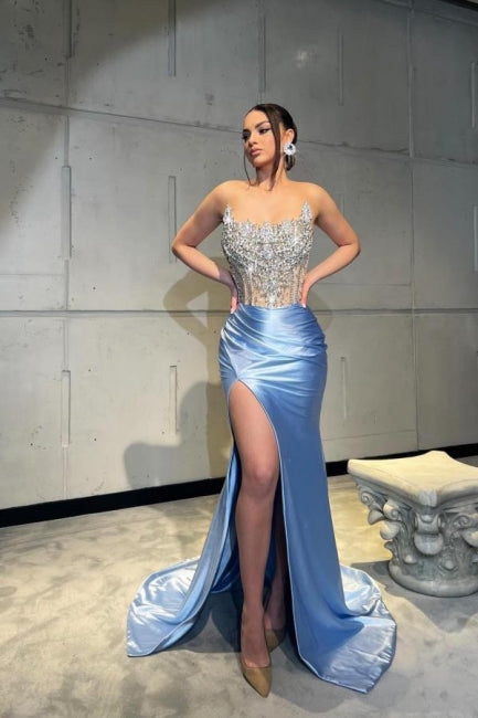 Amazing Column Satin Lace Sleeveless Prom Evening Dresses With Split