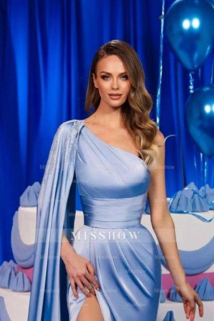 Amazing Column Satin One Shoulder Sleeveless Prom Evening Dresses With Ruffles Split Front