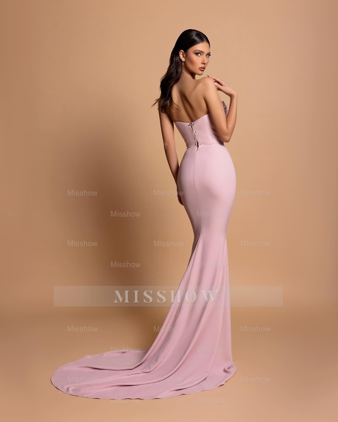 Amazing Column Strapless Sleeveless Rhinestone Satin Openback With Train Pink Prom Dresses