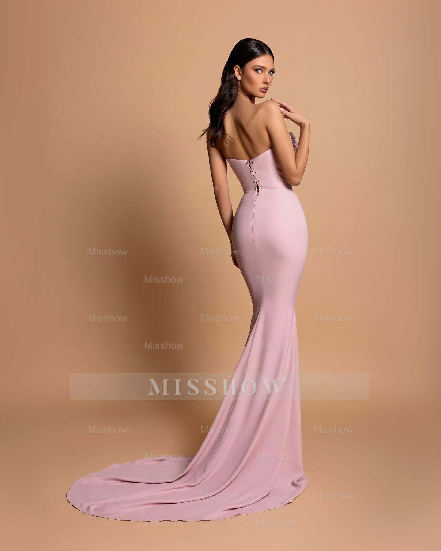 Amazing Column Strapless Sleeveless Rhinestone Satin Openback With Train Pink Prom Dresses