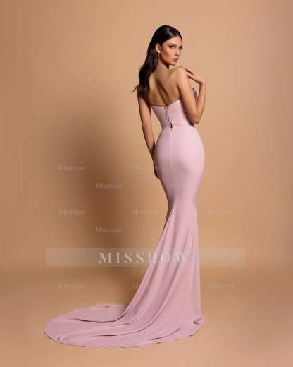 Amazing Column Strapless Sleeveless Rhinestone Satin Openback With Train Pink Prom Dresses