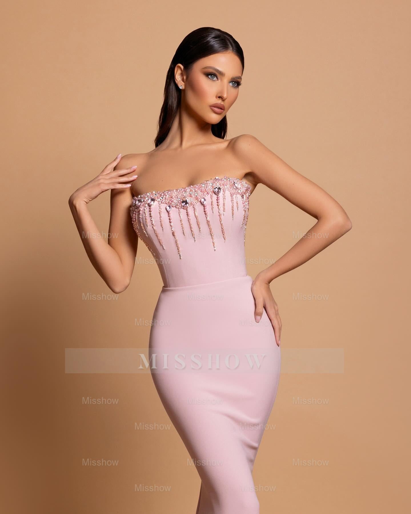 Amazing Column Strapless Sleeveless Rhinestone Satin Openback With Train Pink Prom Dresses
