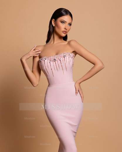 Amazing Column Strapless Sleeveless Rhinestone Satin Openback With Train Pink Prom Dresses