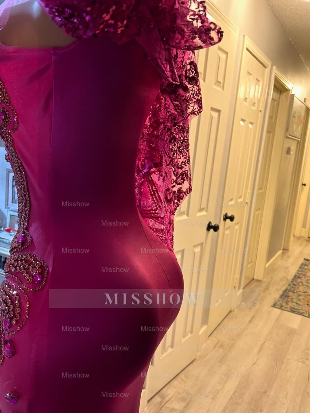 Amazing Fuchsia Mermaid Sleeveless Beaded Long Prom Dress with Lace