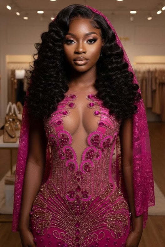 Amazing Fuchsia Mermaid Sleeveless Beaded Long Prom Dress with Lace