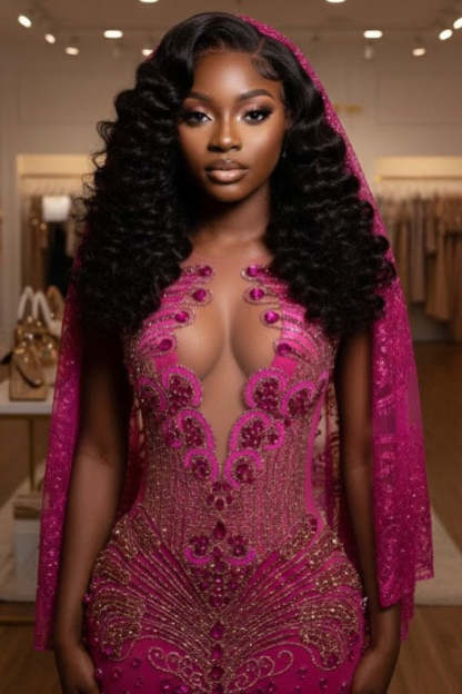 Amazing Fuchsia Mermaid Sleeveless Beaded Long Prom Dress with Lace