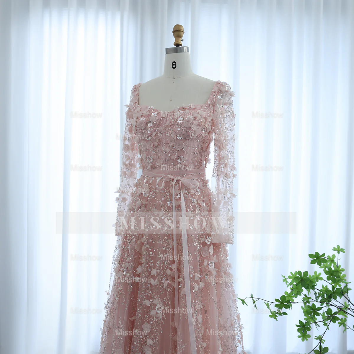 Amazing Long A-line Square Neck 3D Flowers Beaded Prom Dress With Long Sleeves
