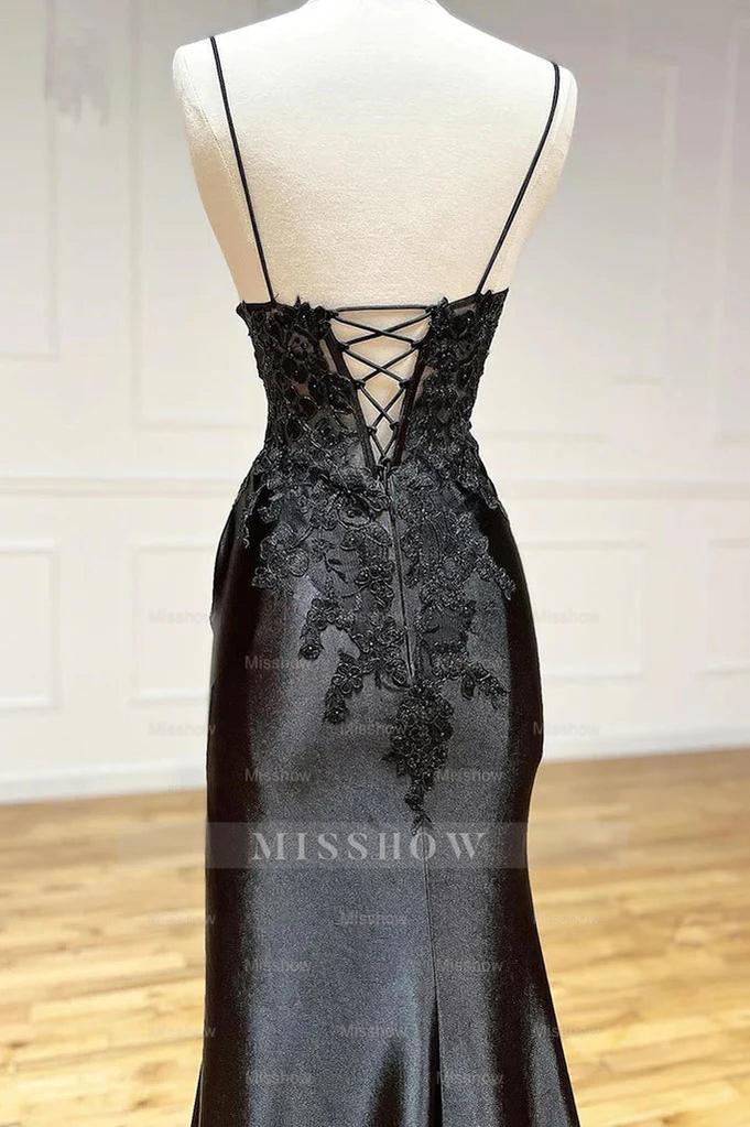 Amazing Long Black V-neck Spaghetti Straps Lace Sleeveless Prom Dress With Slit