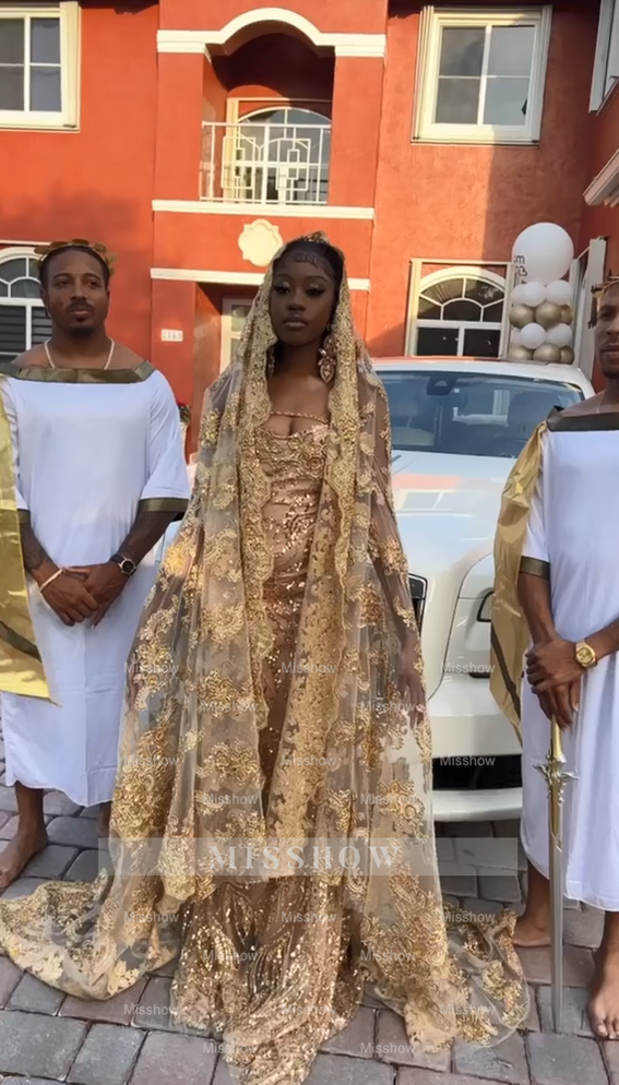 Amazing Long Champagne Mermaid Beaded Prom Dress with Veil