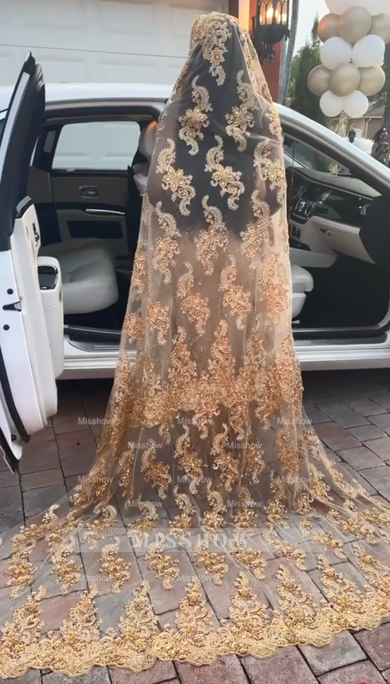Amazing Long Champagne Mermaid Beaded Prom Dress with Veil