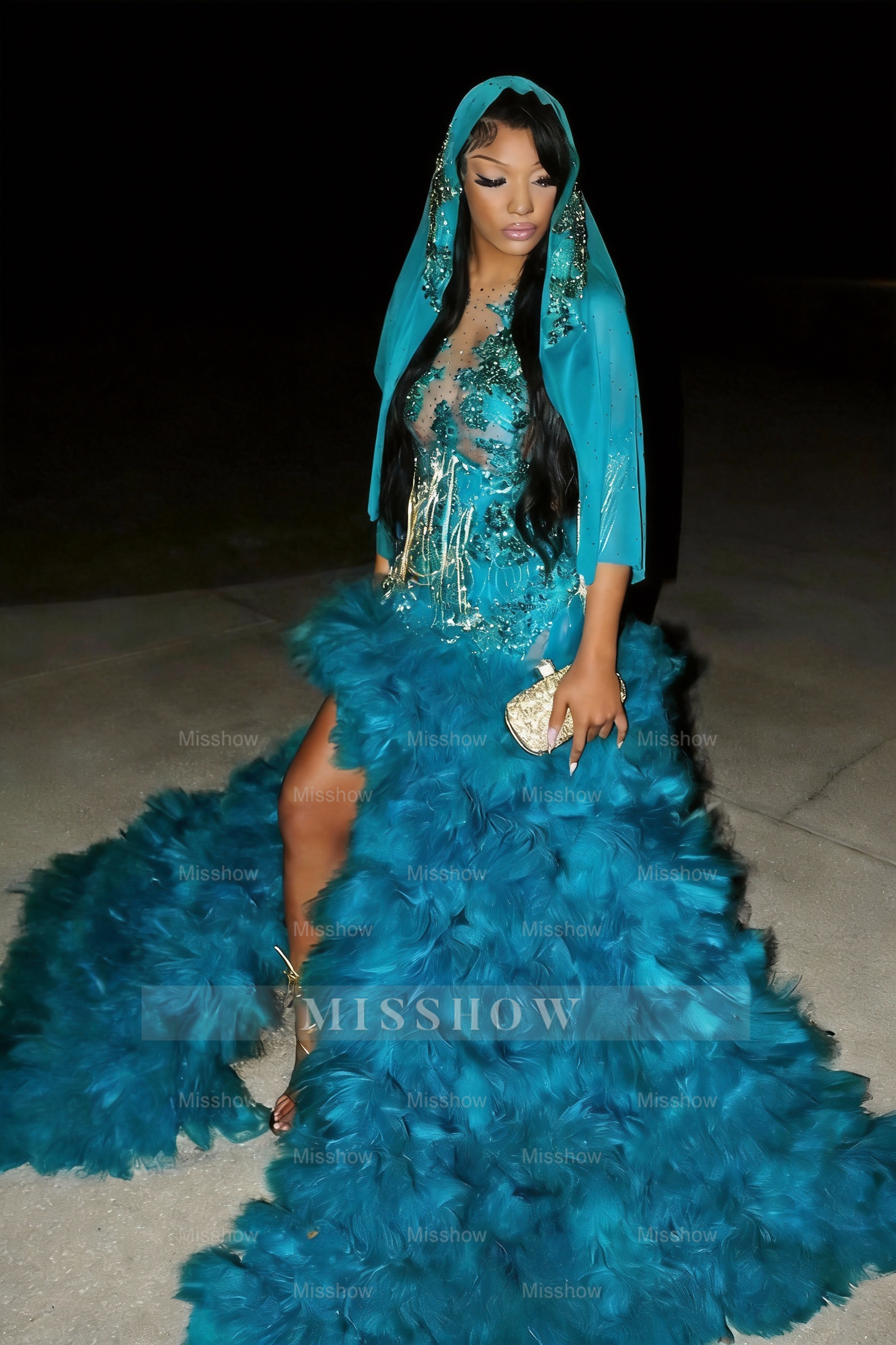 Amazing Long Emerald Beaded Sleeveless Prom Dress with Slit and Veil