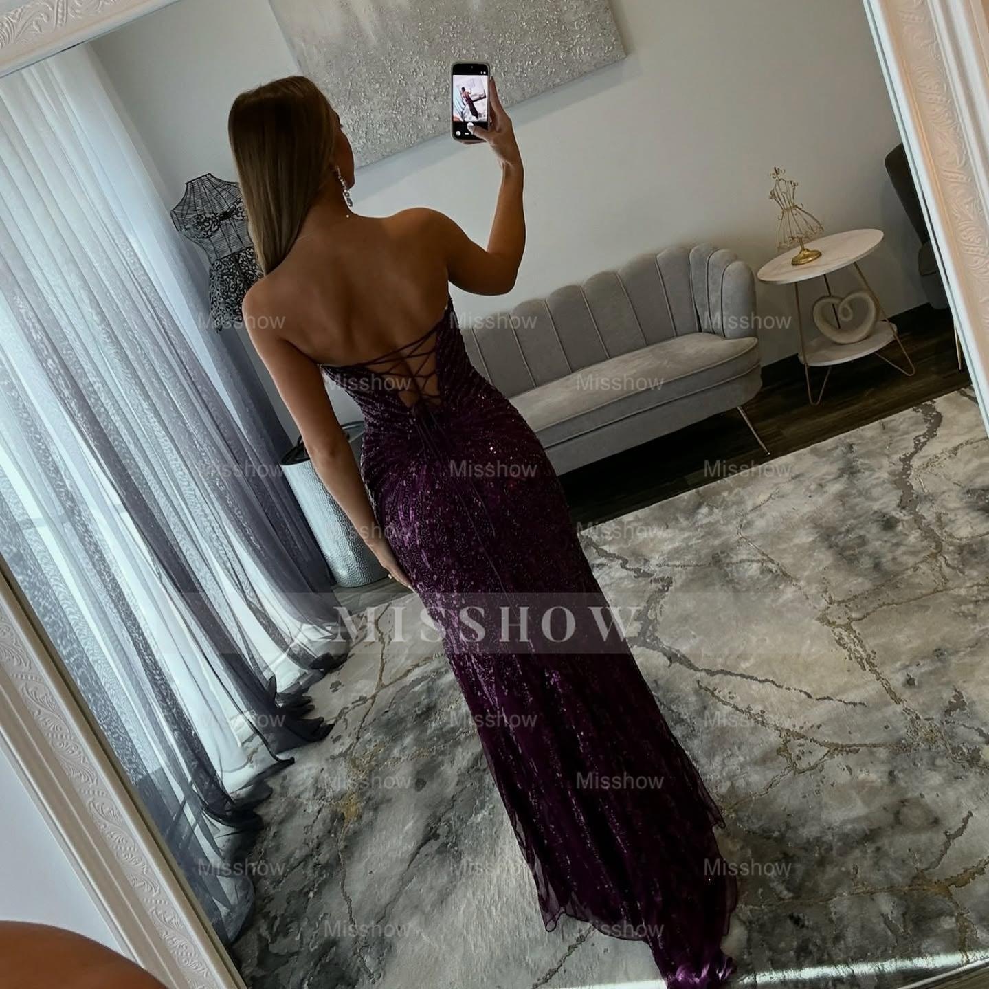Amazing Long Grape V-neck Strapless Sequined Beaded Prom Dress with Slit