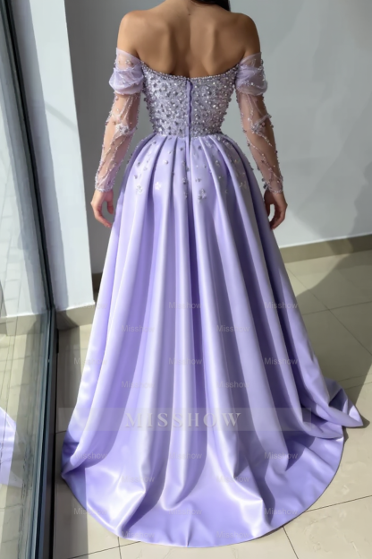 Amazing Long Lilac A-line Off-the-shoulder Rhinestones Satin Pearls Prom Evening Dresses