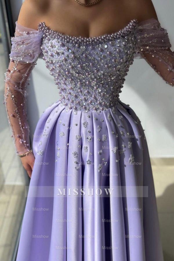 Amazing Long Lilac A-line Off-the-shoulder Rhinestones Satin Pearls Prom Evening Dresses