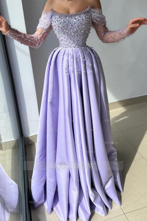 Amazing Long Lilac A-line Off-the-shoulder Rhinestones Satin Pearls Prom Evening Dresses