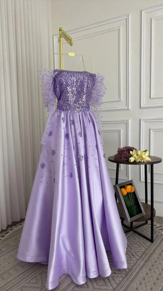 Amazing Long Lilac A-line Off-the-shoulder Rhinestones Satin Pearls Prom Evening Dresses
