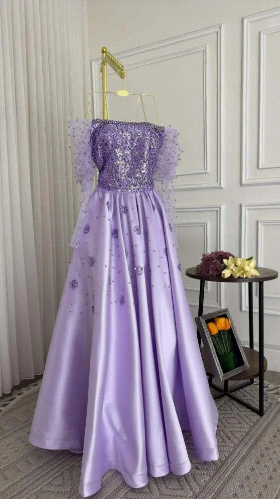 Amazing Long Lilac A-line Off-the-shoulder Rhinestones Satin Pearls Prom Evening Dresses