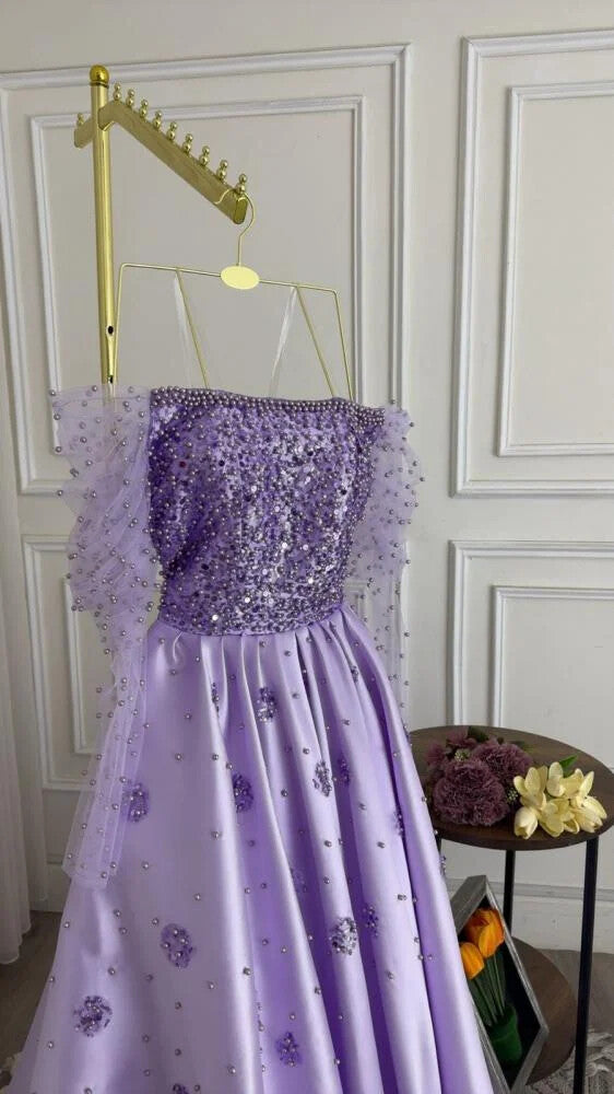 Amazing Long Lilac A-line Off-the-shoulder Rhinestones Satin Pearls Prom Evening Dresses