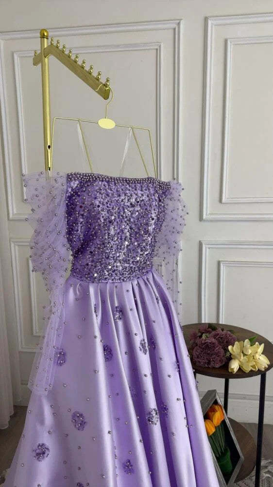 Amazing Long Lilac A-line Off-the-shoulder Rhinestones Satin Pearls Prom Evening Dresses