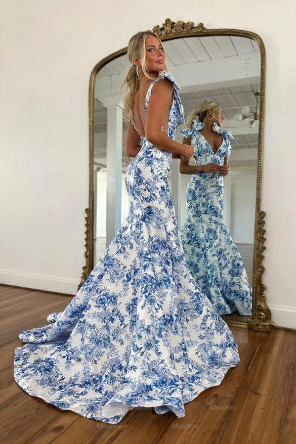 Amazing Long Mermaid Blue V-neck Sleeveless Open Back Prom Dress