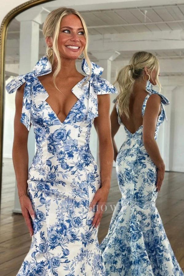 Amazing Long Mermaid Blue V-neck Sleeveless Open Back Prom Dress