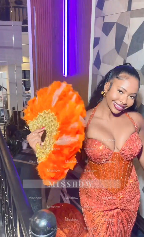 Amazing Long Orange Halter Sleeveless Mermaid Prom Dress with Beaded Appliques