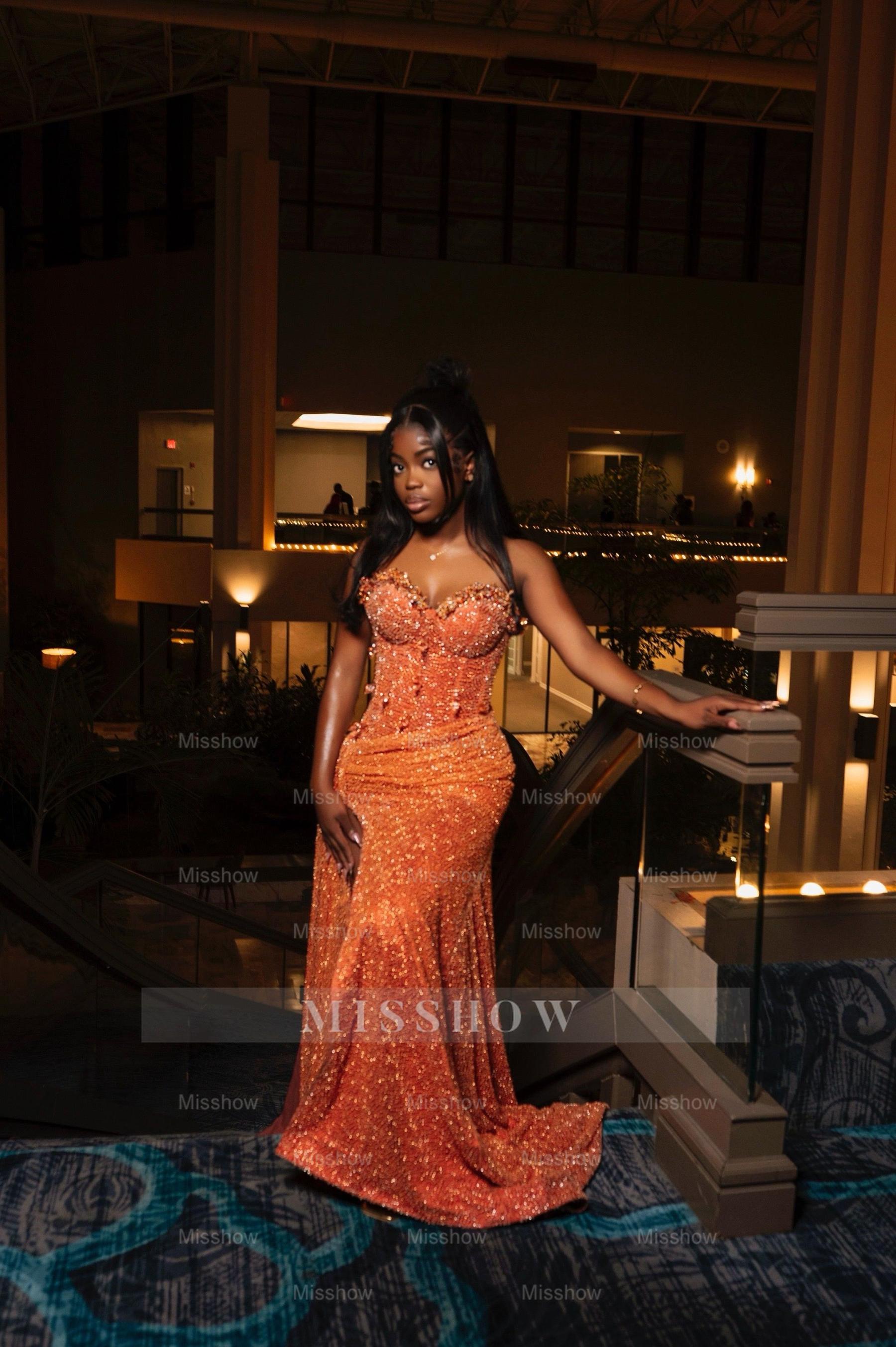 Amazing Long Orange Strapless Sequined Prom Dress with Slit