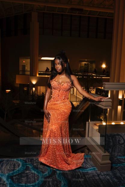 Amazing Long Orange Strapless Sequined Prom Dress with Slit